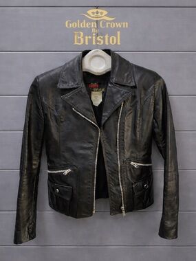 BRISTOL Golden Crown Black Leather Moto Jacket – Size 4–6
